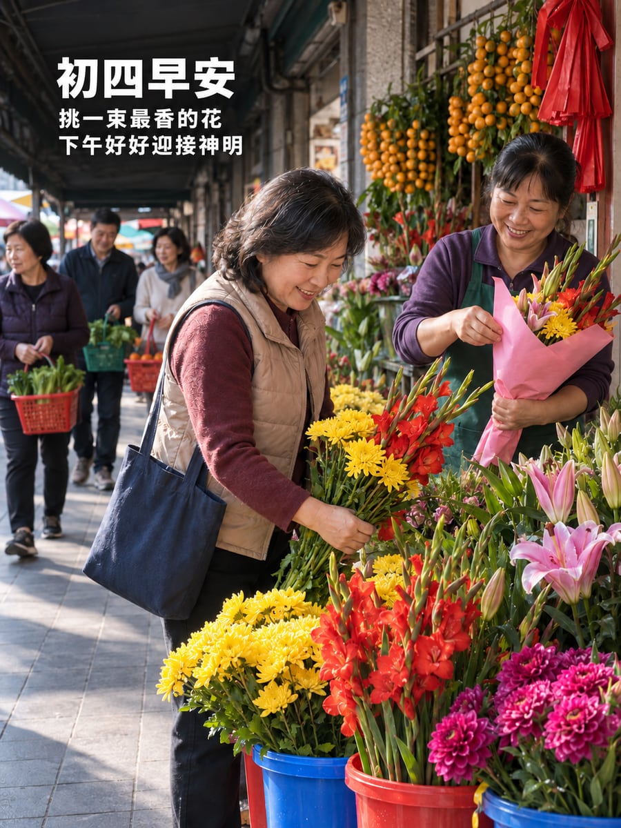 市場花攤挑鮮花。圖中文字：初四早安，挑一束最香的花，下午好好迎接神明