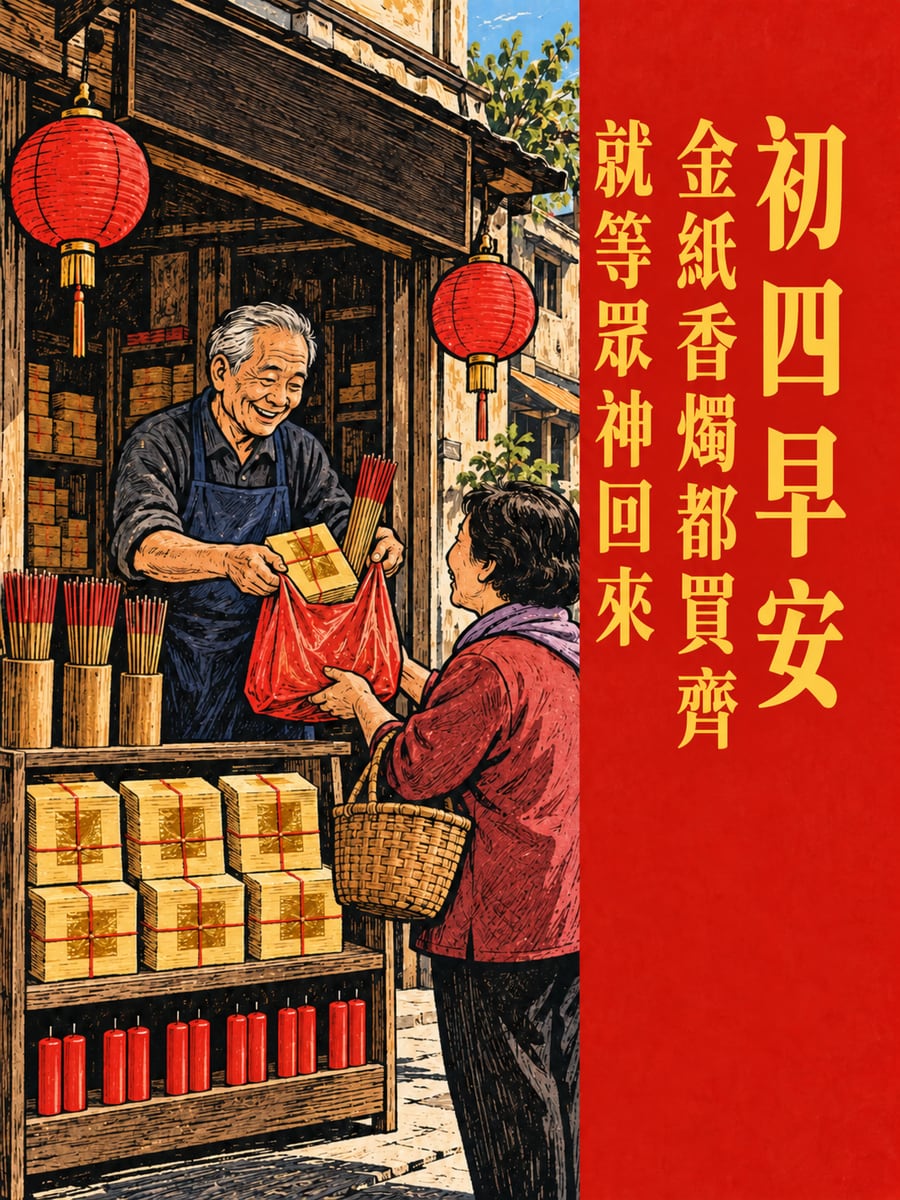 金紙店備香燭。圖中文字：初四早安，金紙香燭都買齊，就等眾神回來