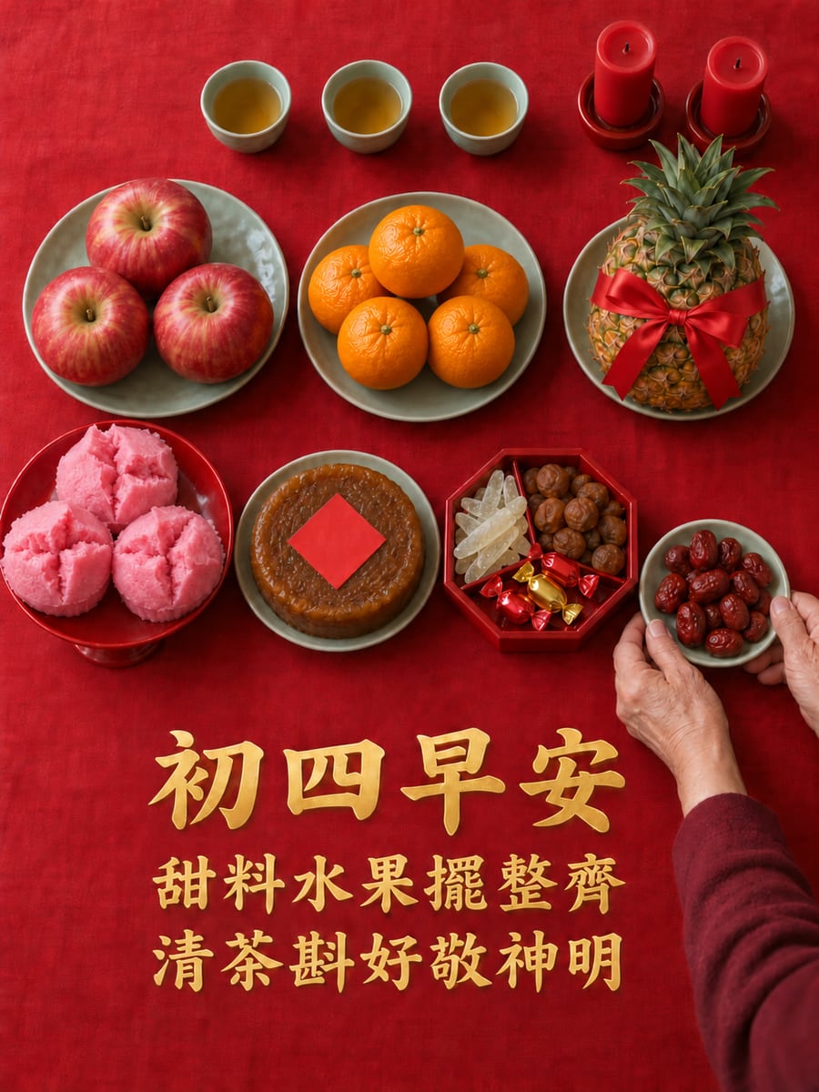 俯看接神的供品。圖中文字：初四早安，甜料水果擺整齊，清茶斟好敬神明