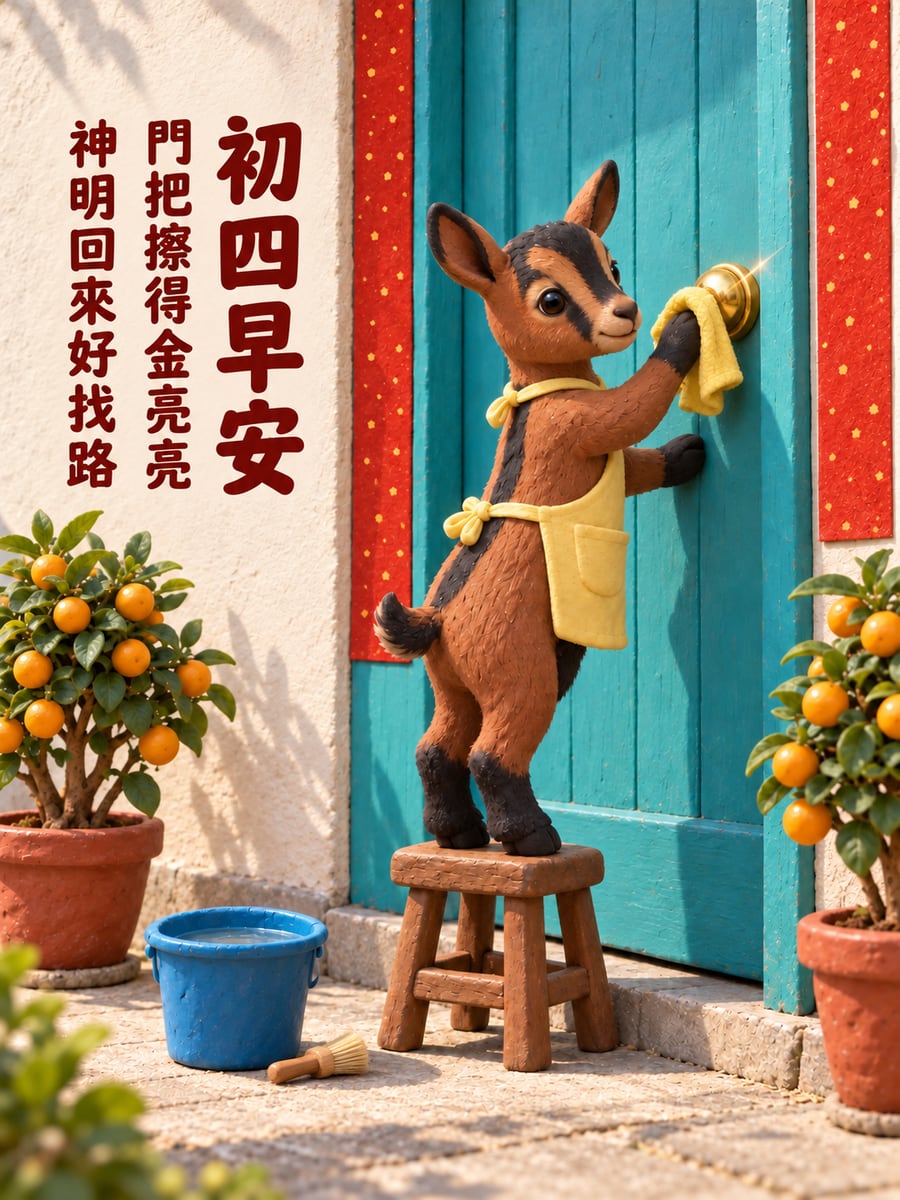 把門把擦亮的小羊。圖中文字：初四早安，門把擦得金亮亮，神明回來好找路