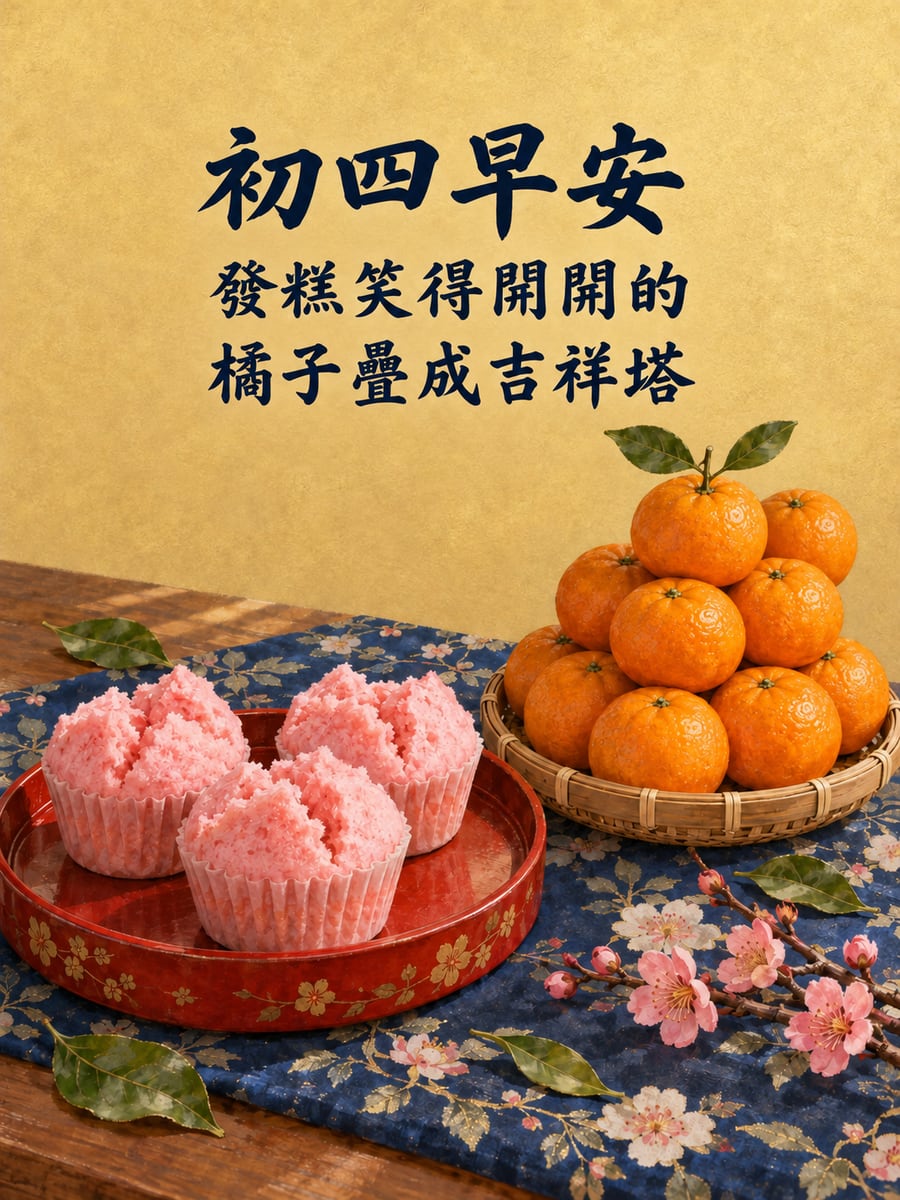 發糕和橘子塔。圖中文字：初四早安，發糕笑得開開的，橘子疊成吉祥塔