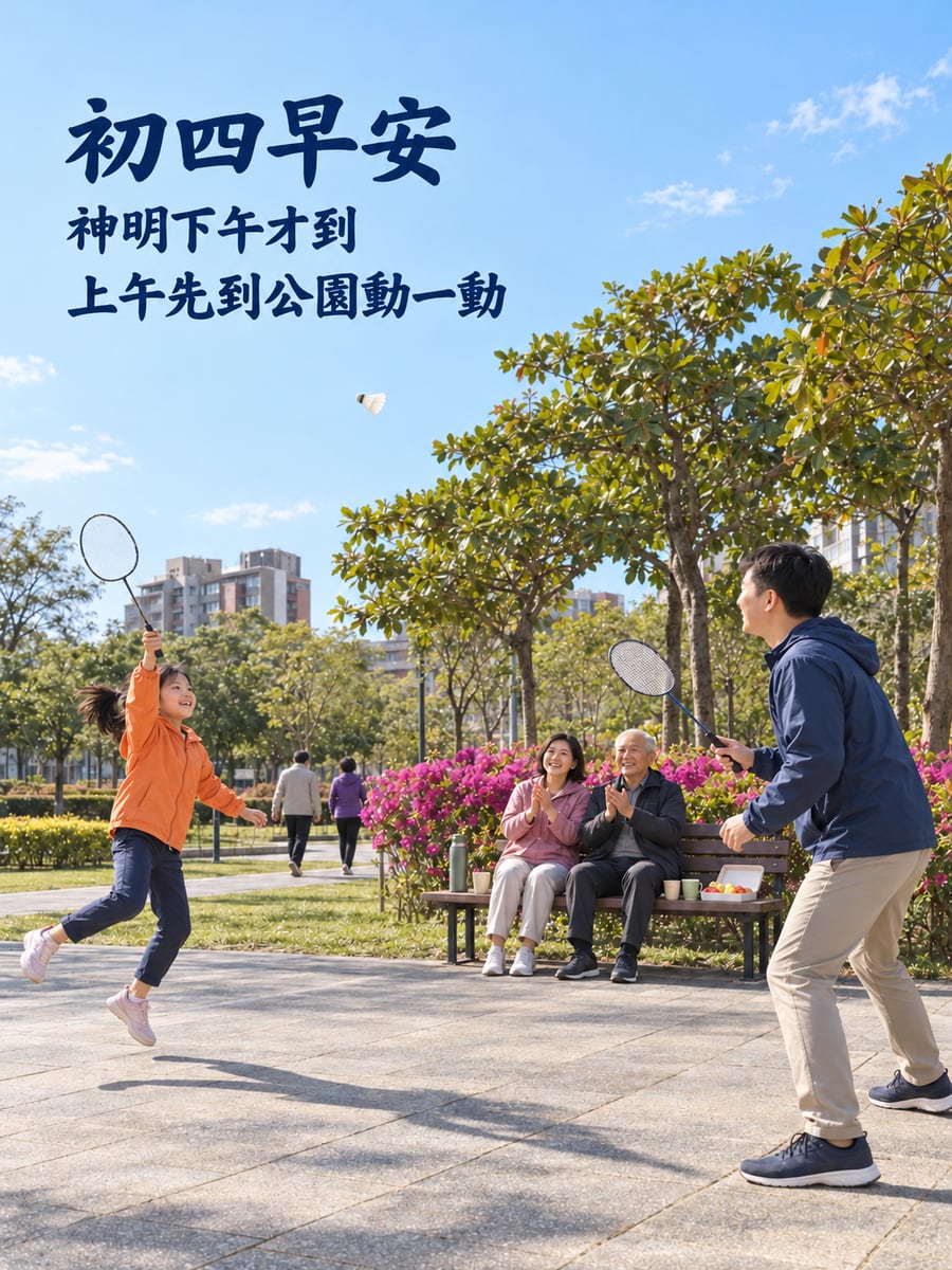 上午先到公園打羽毛球。圖中文字：初四早安，神明下午才到，上午先到公園動一動