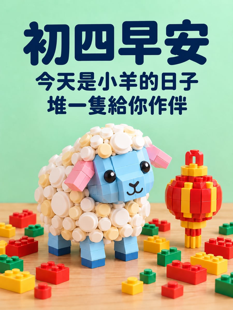彩色積木堆的小羊。圖中文字：初四早安，今天是小羊的日子，堆一隻給你作伴