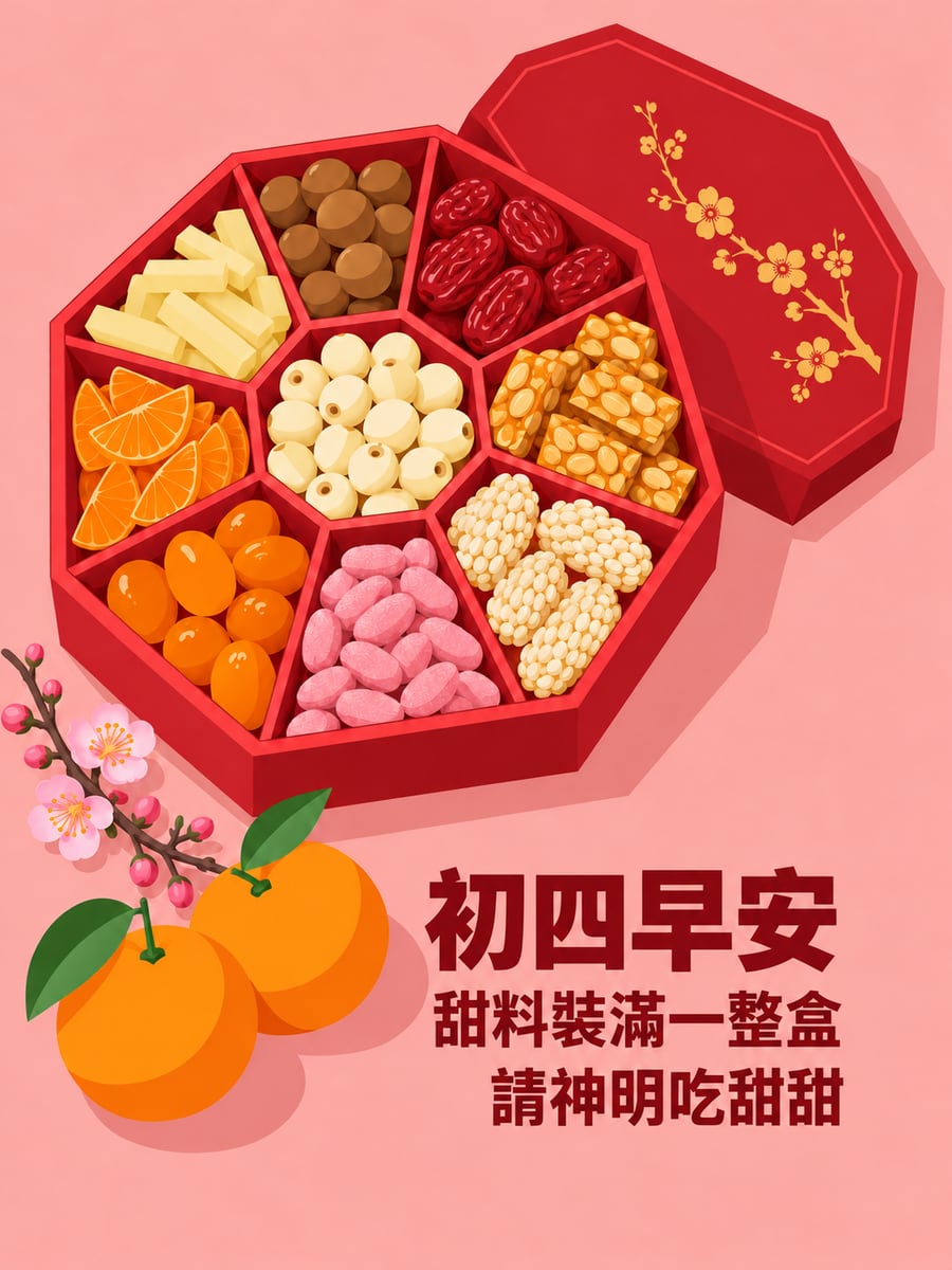 甜料裝滿八角盒。圖中文字：初四早安，甜料裝滿一整盒，請神明吃甜甜