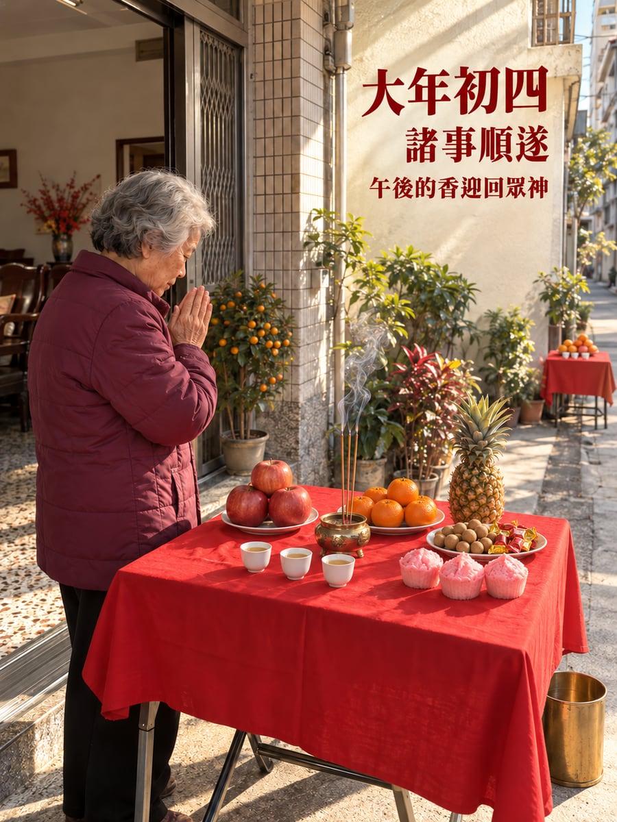 午後門口的接神供桌。圖中文字：大年初四，諸事順遂，午後的香迎回眾神