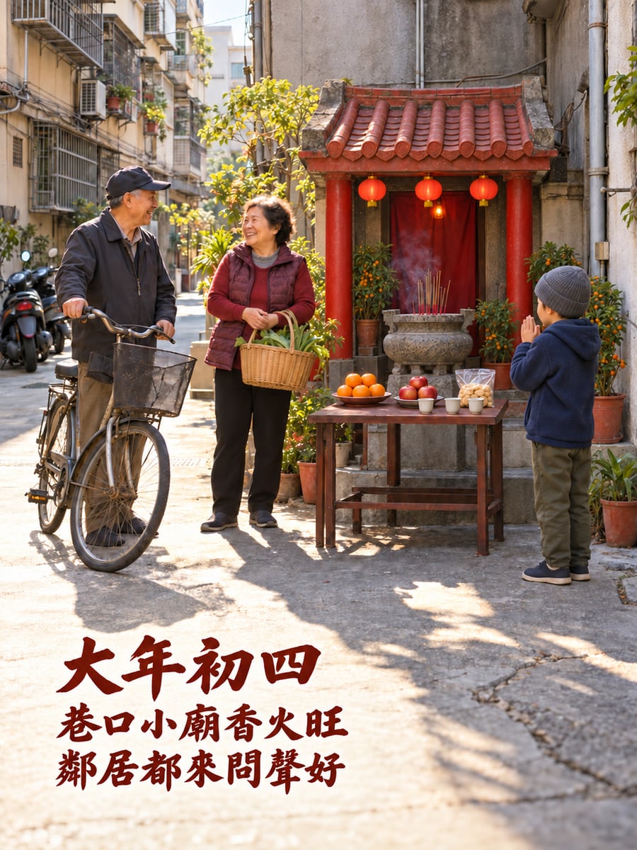 公寓轉角的小土地公廟。圖中文字：大年初四，巷口小廟香火旺，鄰居都來問聲好