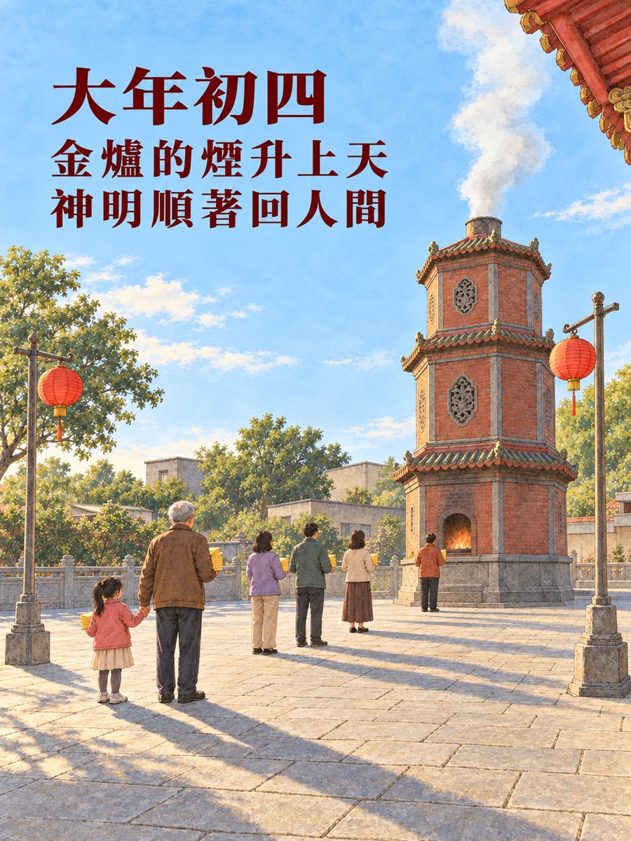 廟埕遠處的金爐。圖中文字：大年初四，金爐的煙升上天，神明順著回人間