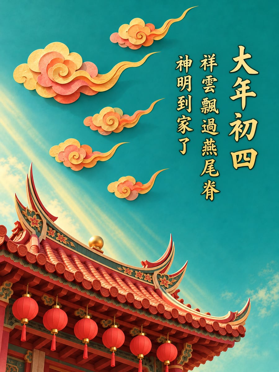 燕尾脊上的祥雲。圖中文字：大年初四，祥雲飄過燕尾脊，神明到家了