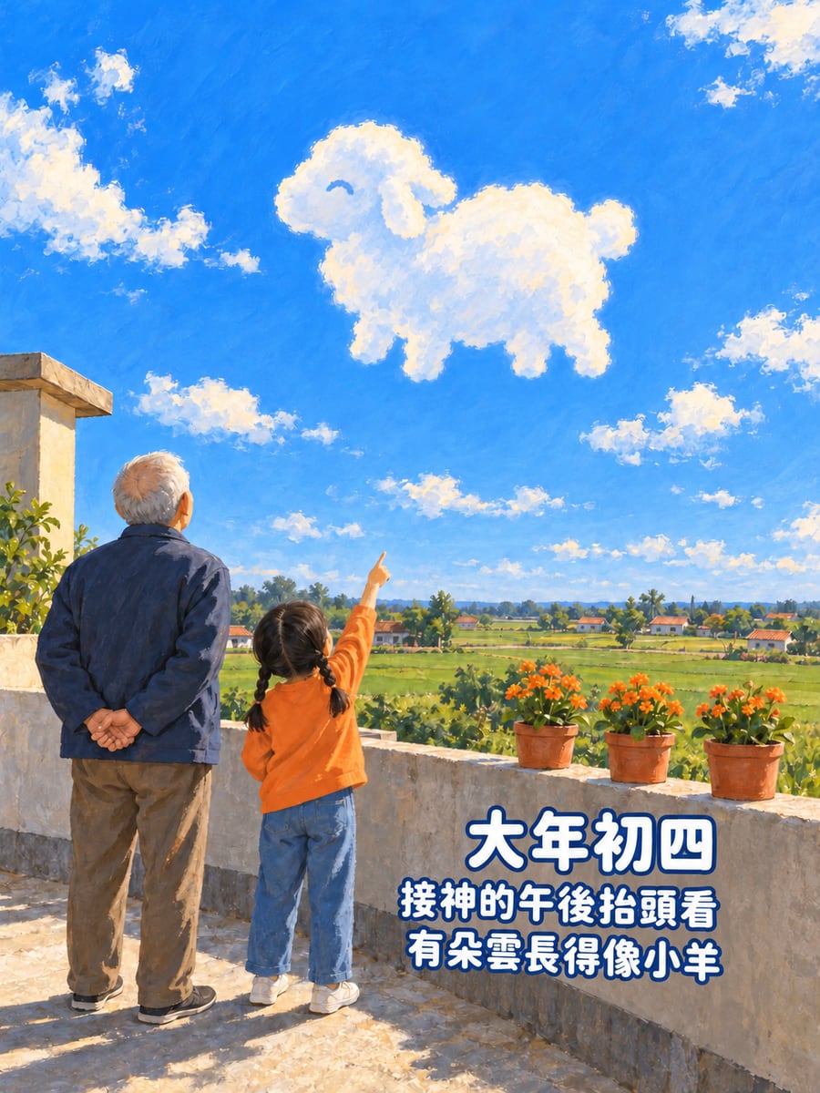 像小羊的那朵雲。圖中文字：大年初四，接神的午後抬頭看，有朵雲長得像小羊