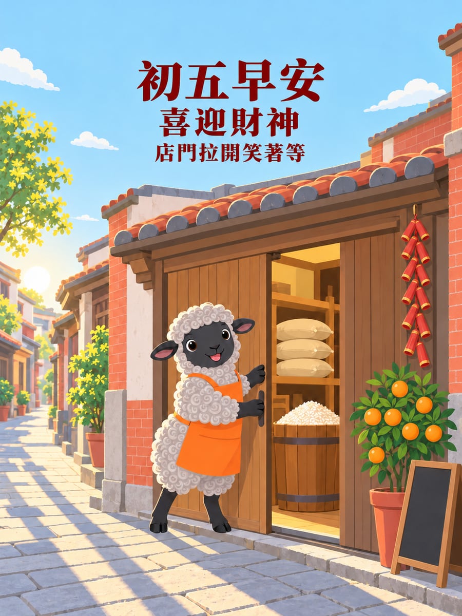 拉開店門迎財神的小羊。圖中文字：初五早安，喜迎財神，店門拉開笑著等