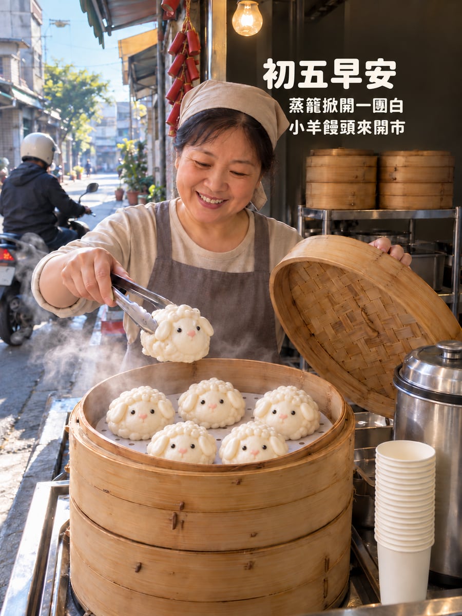 蒸籠裡的小羊饅頭。圖中文字：初五早安，蒸籠掀開一團白，小羊饅頭來開市