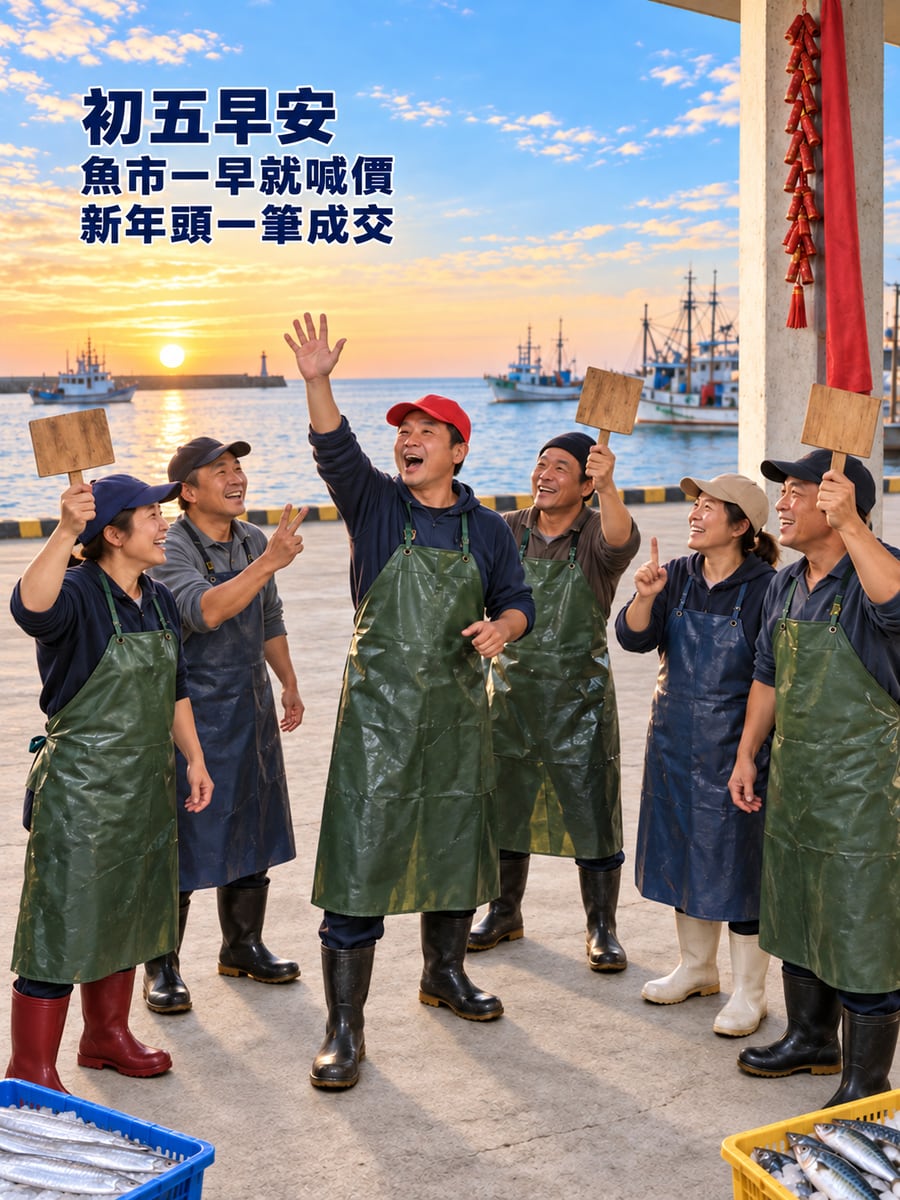 漁市場開市拍賣。圖中文字：初五早安，魚市一早就喊價，新年頭一筆成交