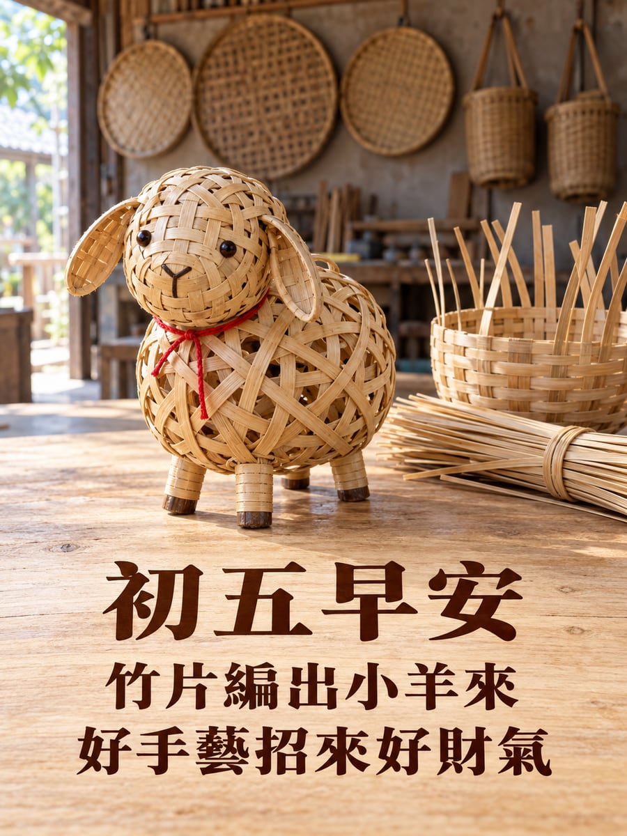 工作桌上的竹編小羊。圖中文字：初五早安，竹片編出小羊來，好手藝招來好財氣