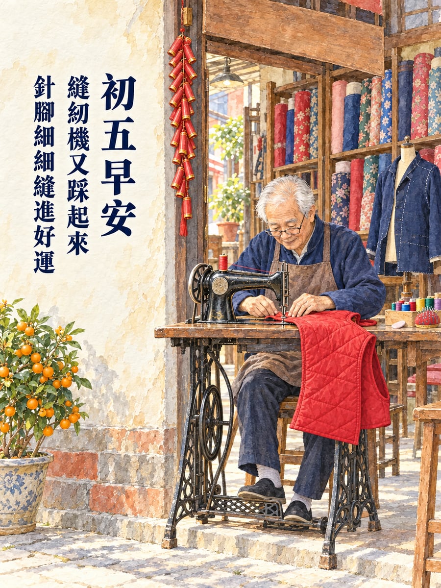 老裁縫店踩起縫紉機。圖中文字：初五早安，縫紉機又踩起來，針腳細細縫進好運
