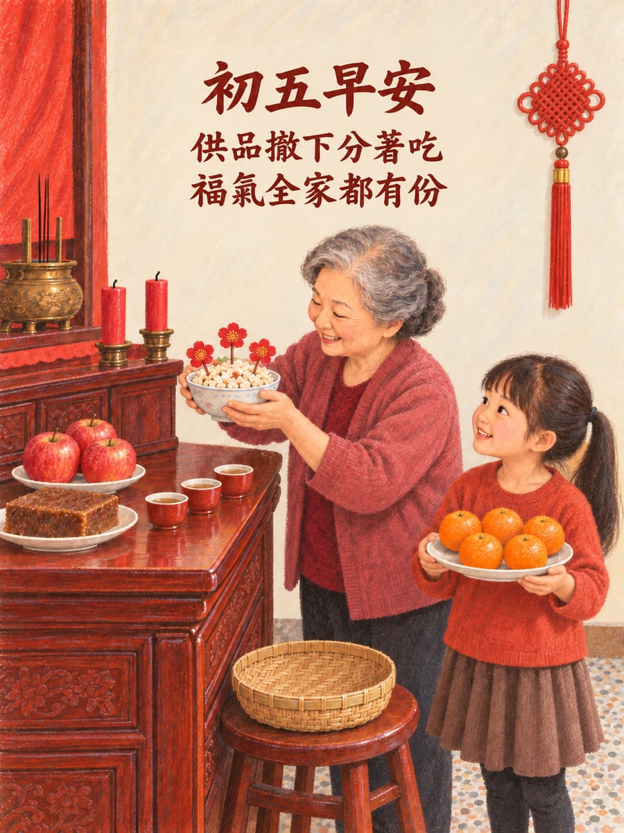 撤下供品收好春飯。圖中文字：初五早安，供品撤下分著吃，福氣全家都有份