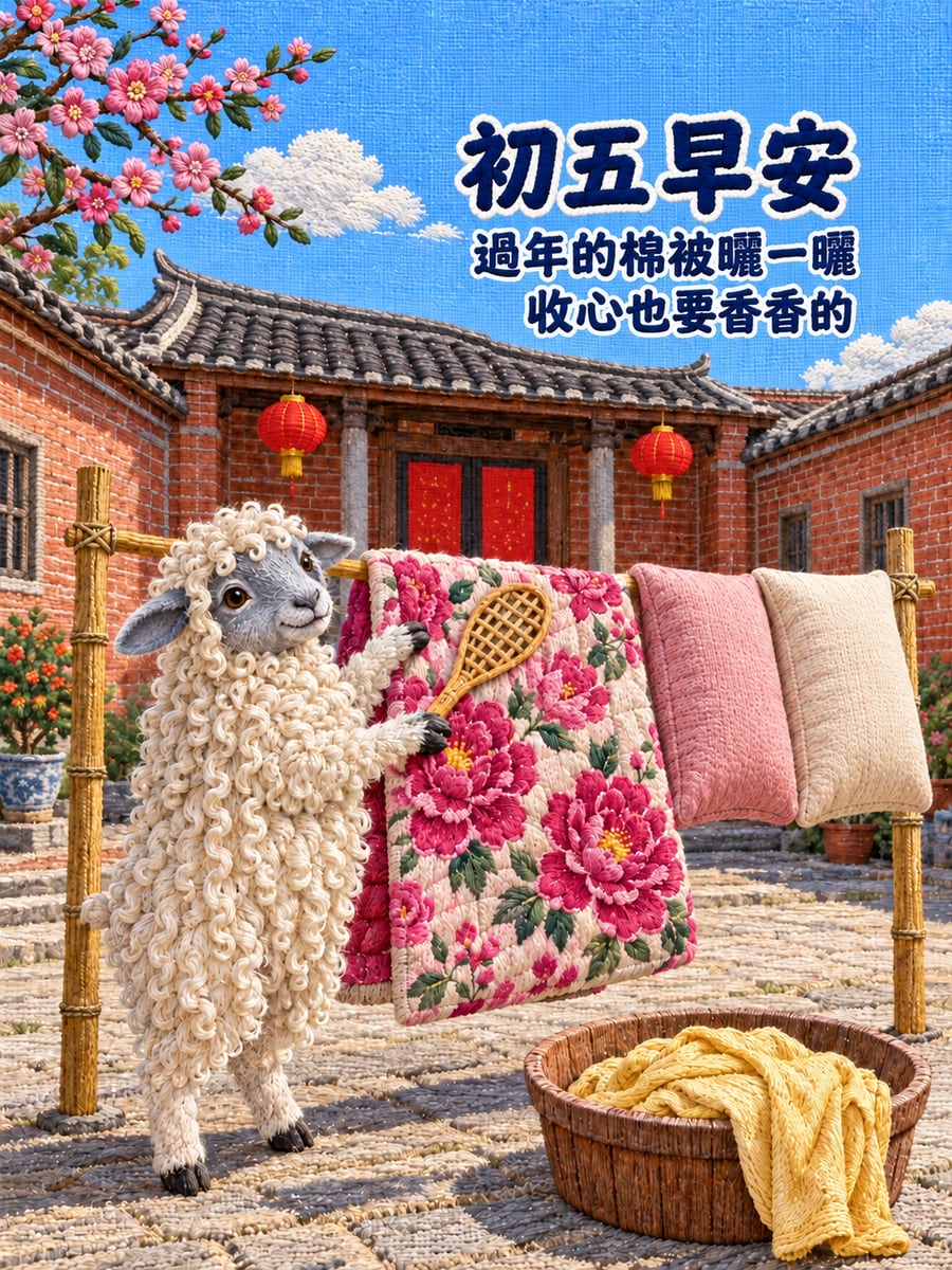 曬棉被的長捲毛小羊。圖中文字：初五早安，過年的棉被曬一曬，收心也要香香的