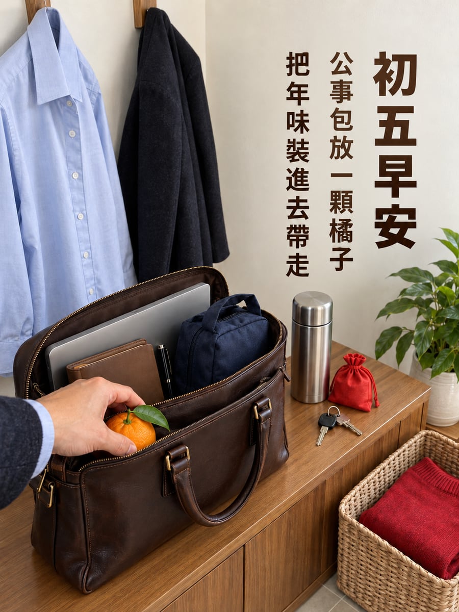 公事包裡放一顆橘子。圖中文字：初五早安，公事包放一顆橘子，把年味裝進去帶走