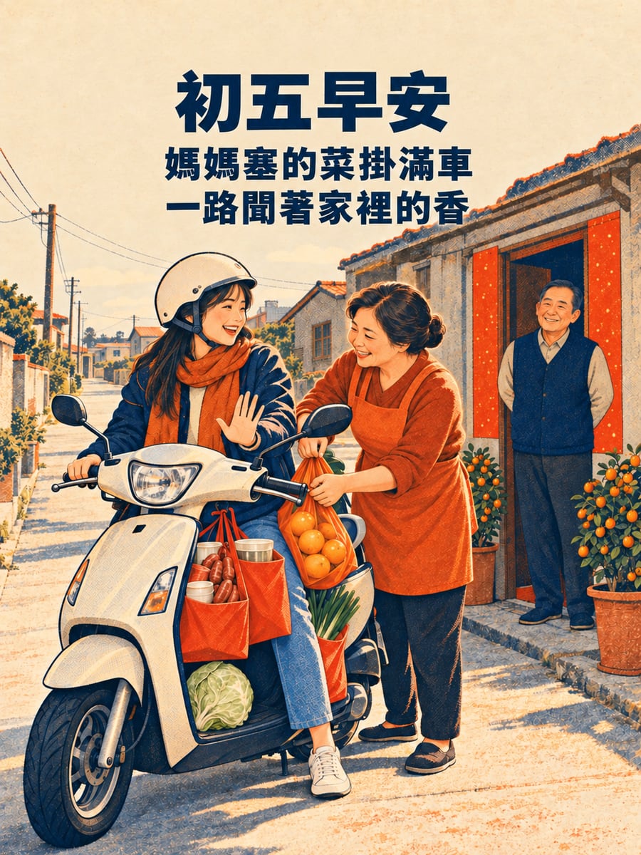 機車掛滿媽媽塞的菜。圖中文字：初五早安，媽媽塞的菜掛滿車，一路聞著家裡的香