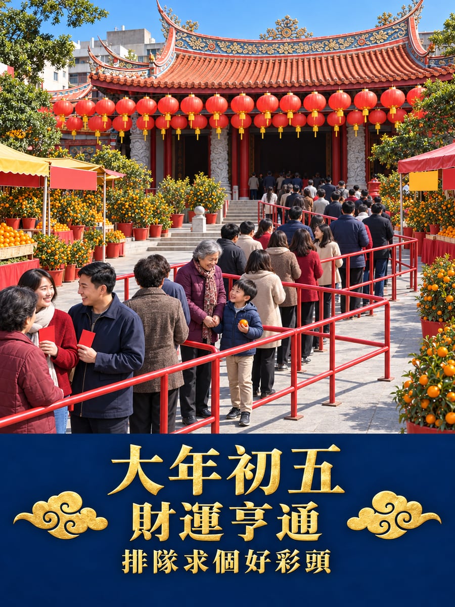 廟埕排隊求發財金。圖中文字：大年初五，財運亨通，排隊求個好彩頭