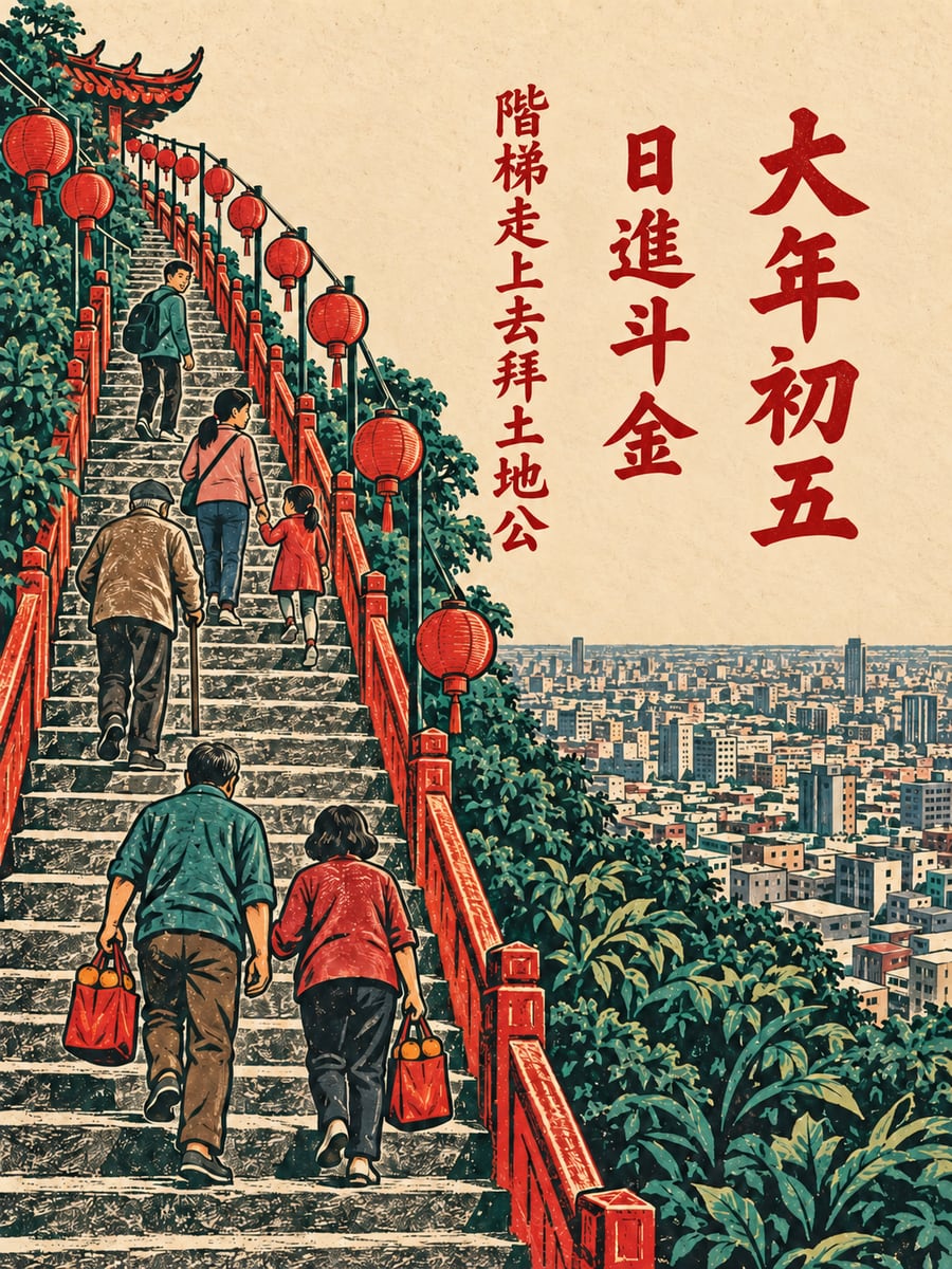 中和烘爐地的長階梯。圖中文字：大年初五，日進斗金，階梯走上去拜土地公