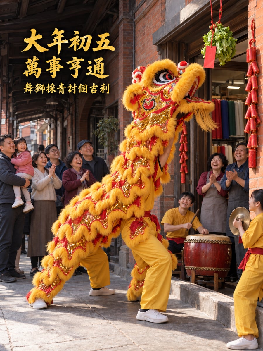 店門口的舞獅採青。圖中文字：大年初五，萬事亨通，舞獅採青討個吉利