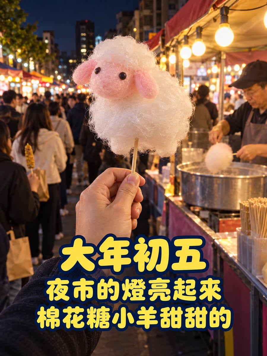 夜市的棉花糖小羊。圖中文字：大年初五，夜市的燈亮起來，棉花糖小羊甜甜的