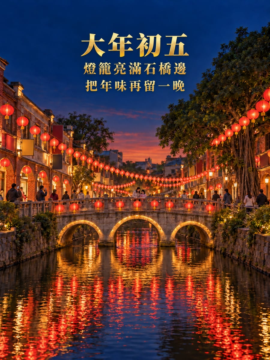 老街石拱橋的紅燈籠。圖中文字：大年初五，燈籠亮滿石橋邊，把年味再留一晚