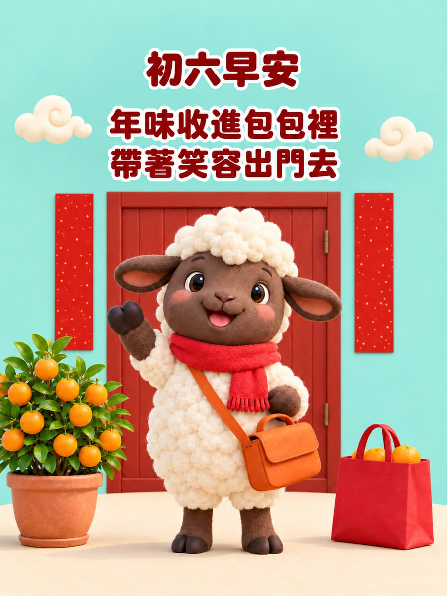 背著小公事包出門的小羊。圖中文字：初六早安，年味收進包包裡，帶著笑容出門去