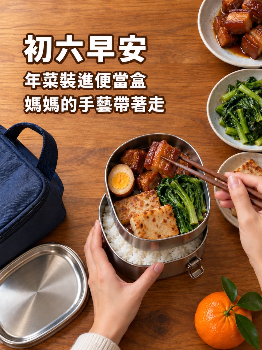 年菜裝成便當。圖中文字：初六早安，年菜裝進便當盒，媽媽的手藝帶著走