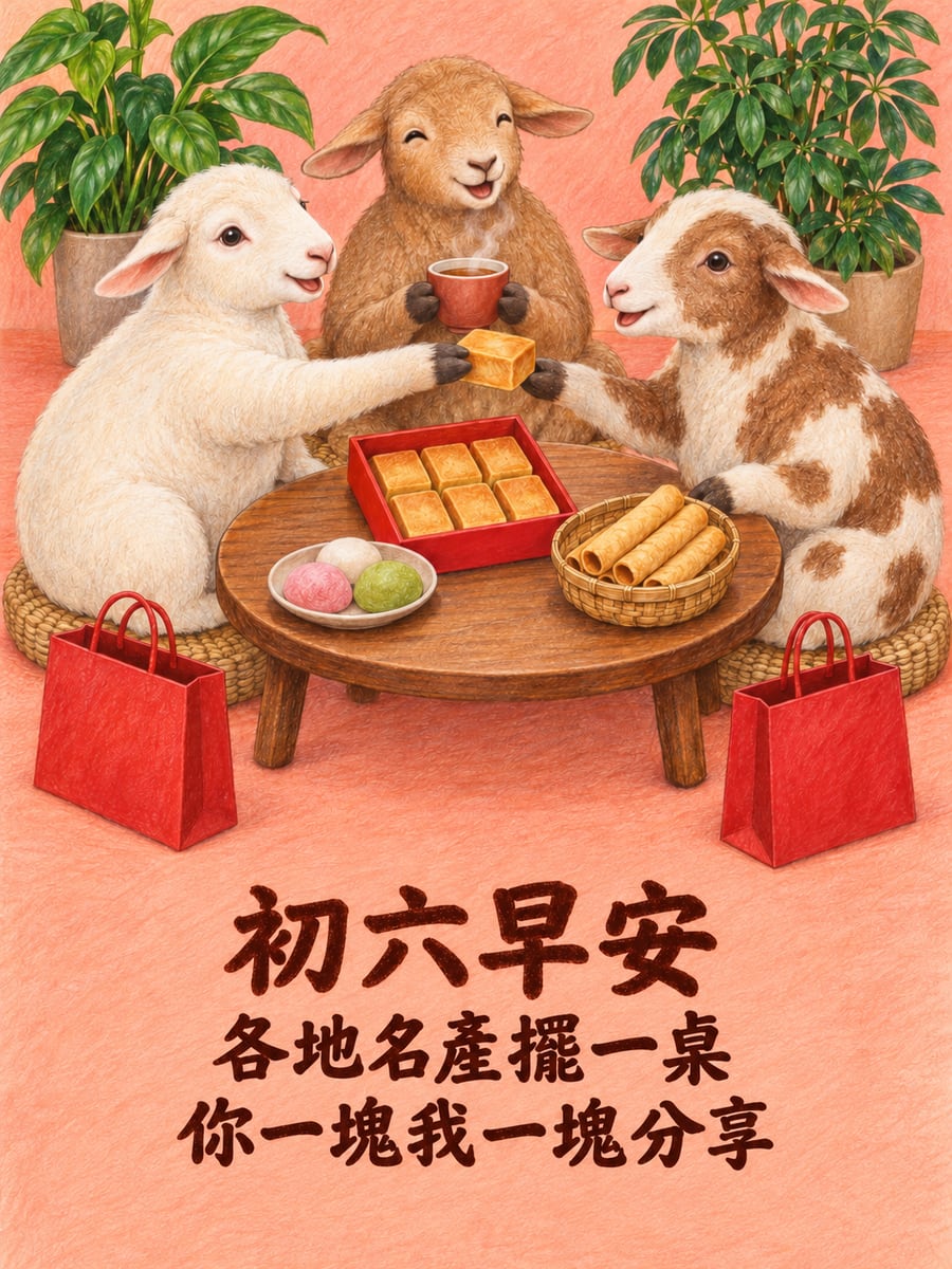 分享各地名產的三隻短毛羊。圖中文字：初六早安，各地名產擺一桌，你一塊我一塊分享