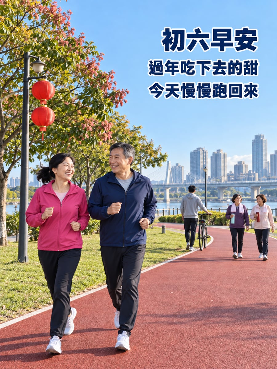 過完年的河濱晨跑。圖中文字：初六早安，過年吃下去的甜，今天慢慢跑回來