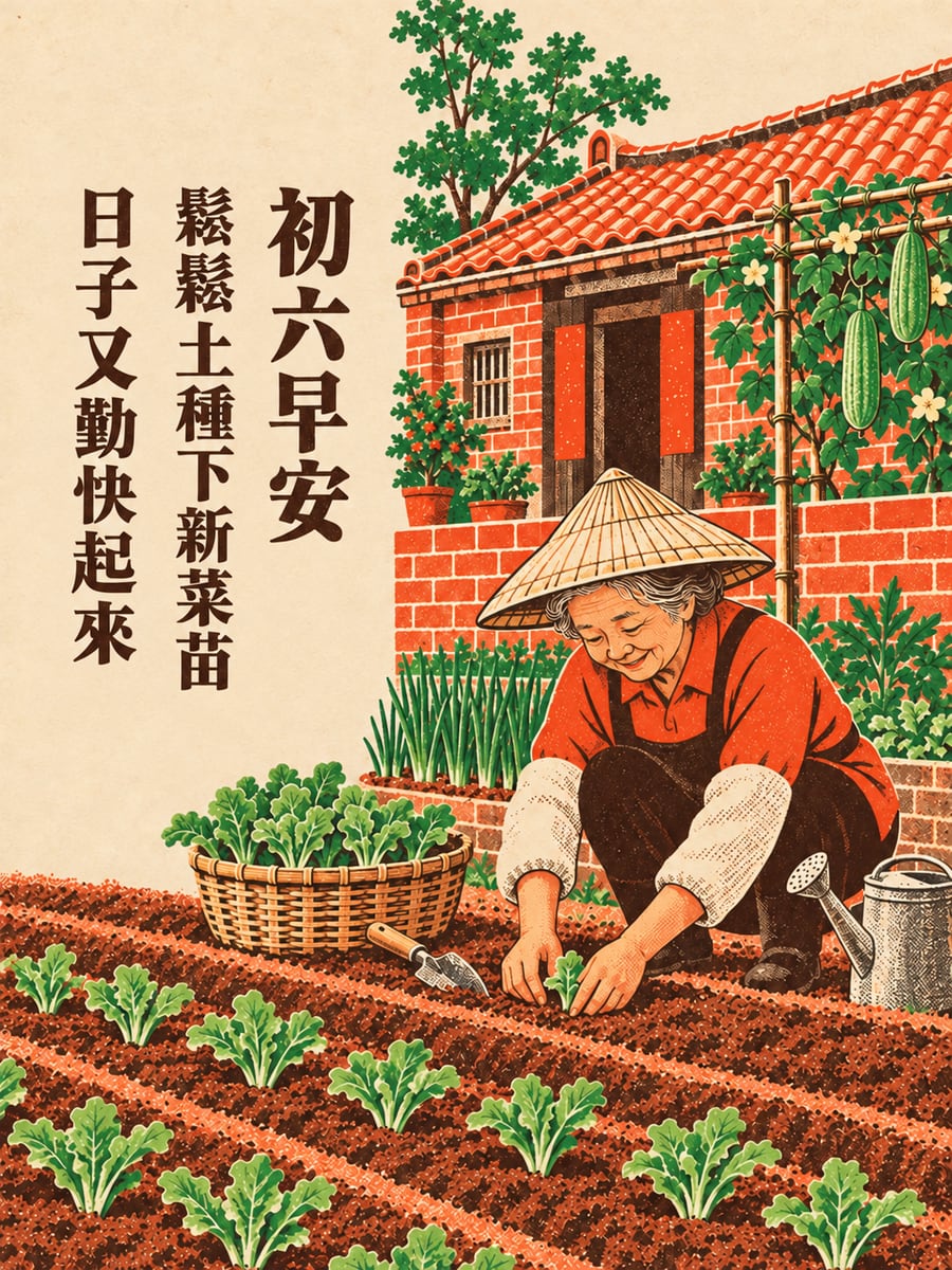 菜園鬆土種新苗。圖中文字：初六早安，鬆鬆土種下新菜苗，日子又勤快起來