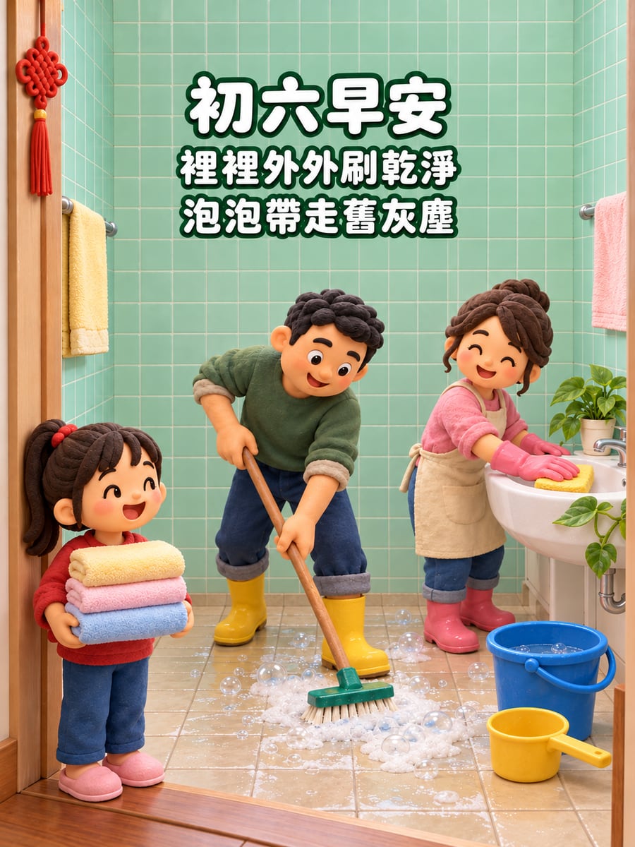 黏土一家刷洗浴室。圖中文字：初六早安，裡裡外外刷乾淨，泡泡帶走舊灰塵