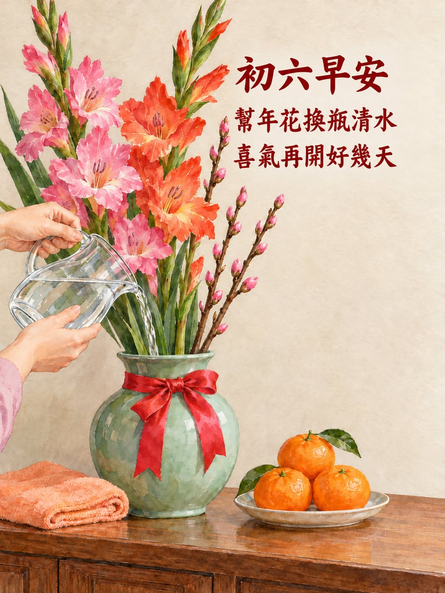 幫年花換水。圖中文字：初六早安，幫年花換瓶清水，喜氣再開好幾天