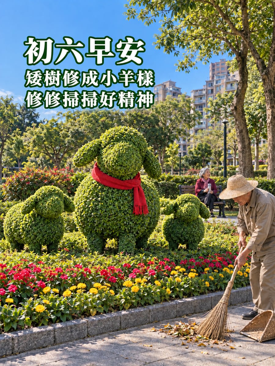 公園裡修成小羊的矮樹。圖中文字：初六早安，矮樹修成小羊樣，修修掃掃好精神