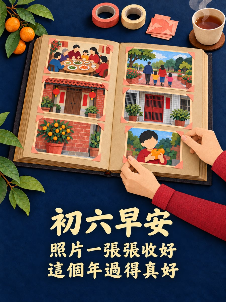把過年的照片收進相簿。圖中文字：初六早安，照片一張張收好，這個年過得真好
