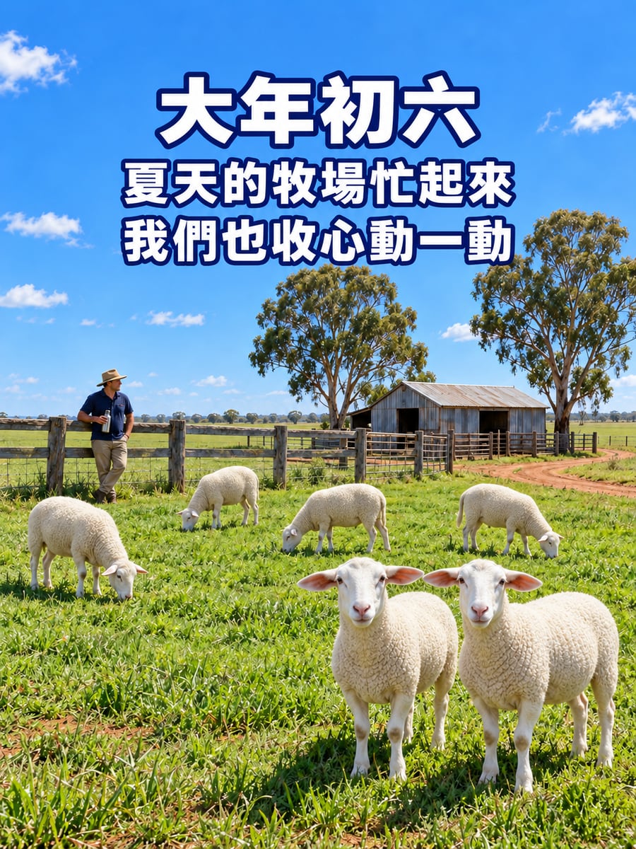 澳洲夏天牧場的白綿羊。圖中文字：大年初六，夏天的牧場忙起來，我們也收心動一動