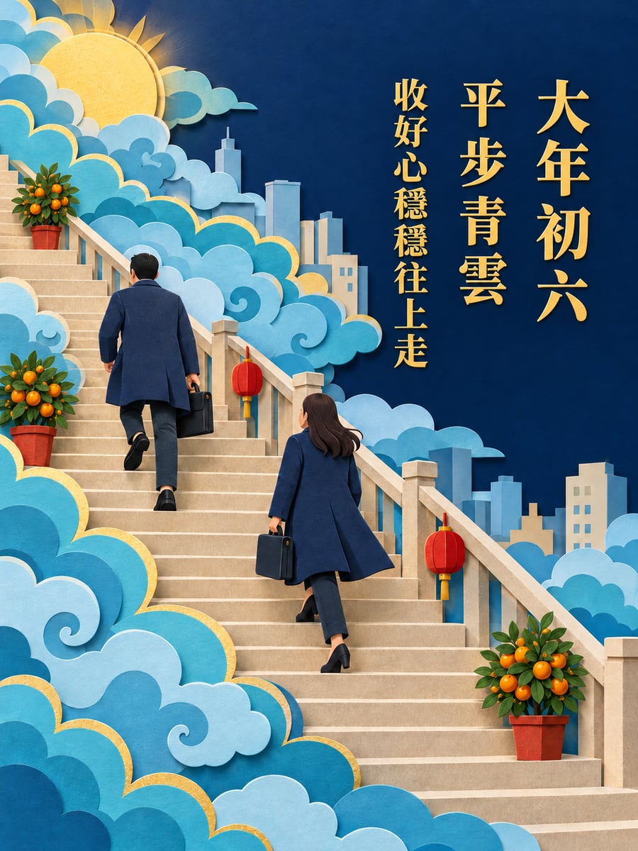 紙雕階梯走上青雲。圖中文字：大年初六，平步青雲，收好心穩穩往上走