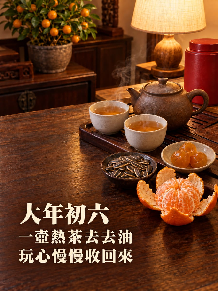 過完年泡一壺熱茶。圖中文字：大年初六，一壺熱茶去去油，玩心慢慢收回來