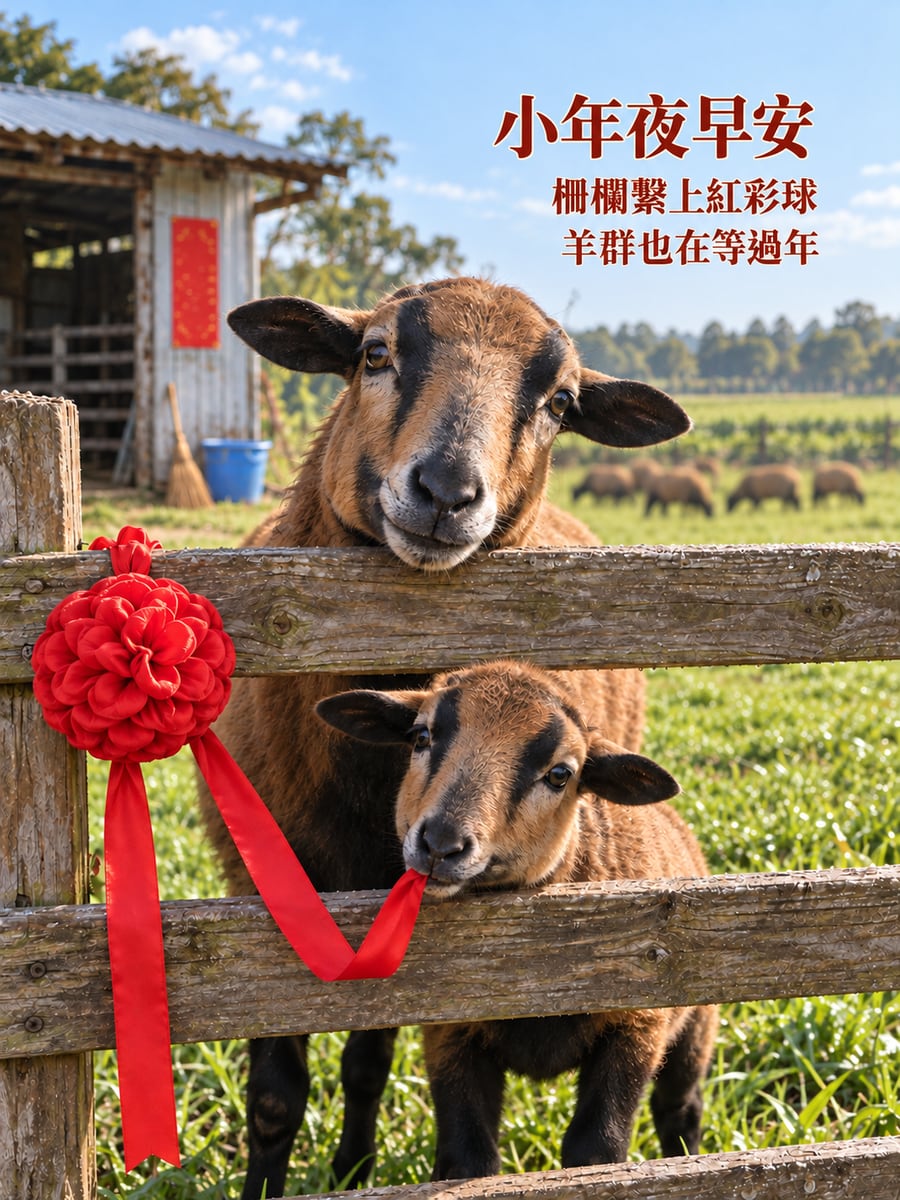 牧場柵欄繫紅彩球的黑肚綿羊。圖中文字：小年夜早安，柵欄繫上紅彩球，羊群也在等過年
