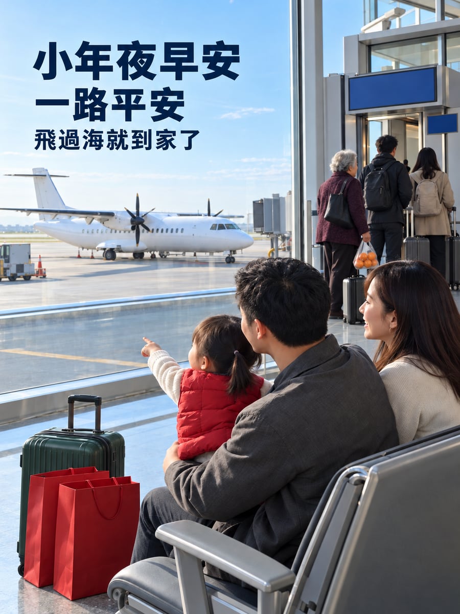 松山機場等飛離島的班機。圖中文字：小年夜早安，一路平安，飛過海就到家了