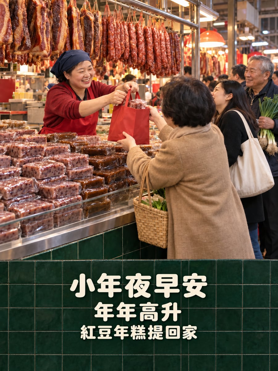南門市場買年糕和臘味。圖中文字：小年夜早安，年年高升，紅豆年糕提回家
