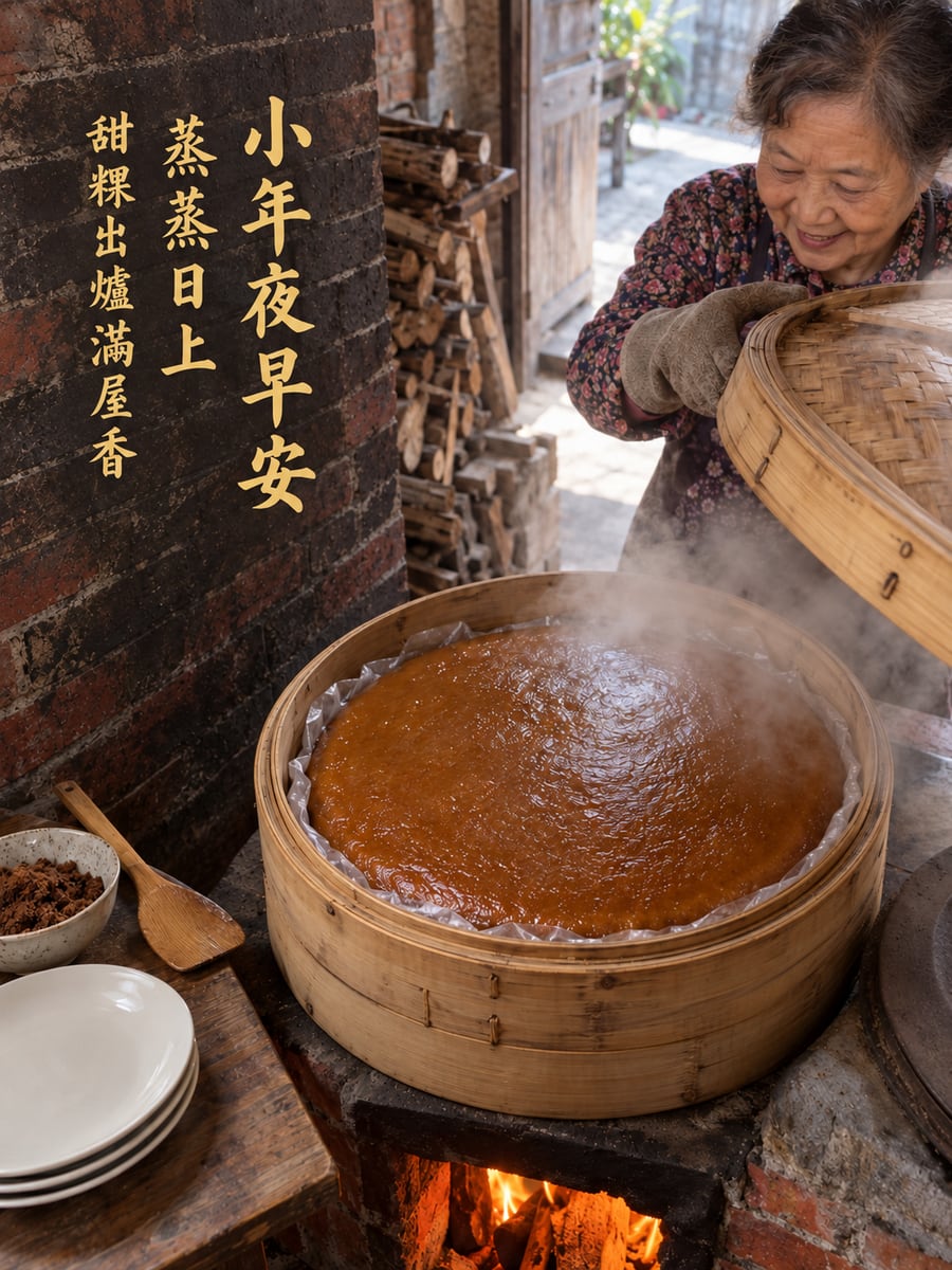 大灶上的紅糖甜粿出爐。圖中文字：小年夜早安，蒸蒸日上，甜粿出爐滿屋香