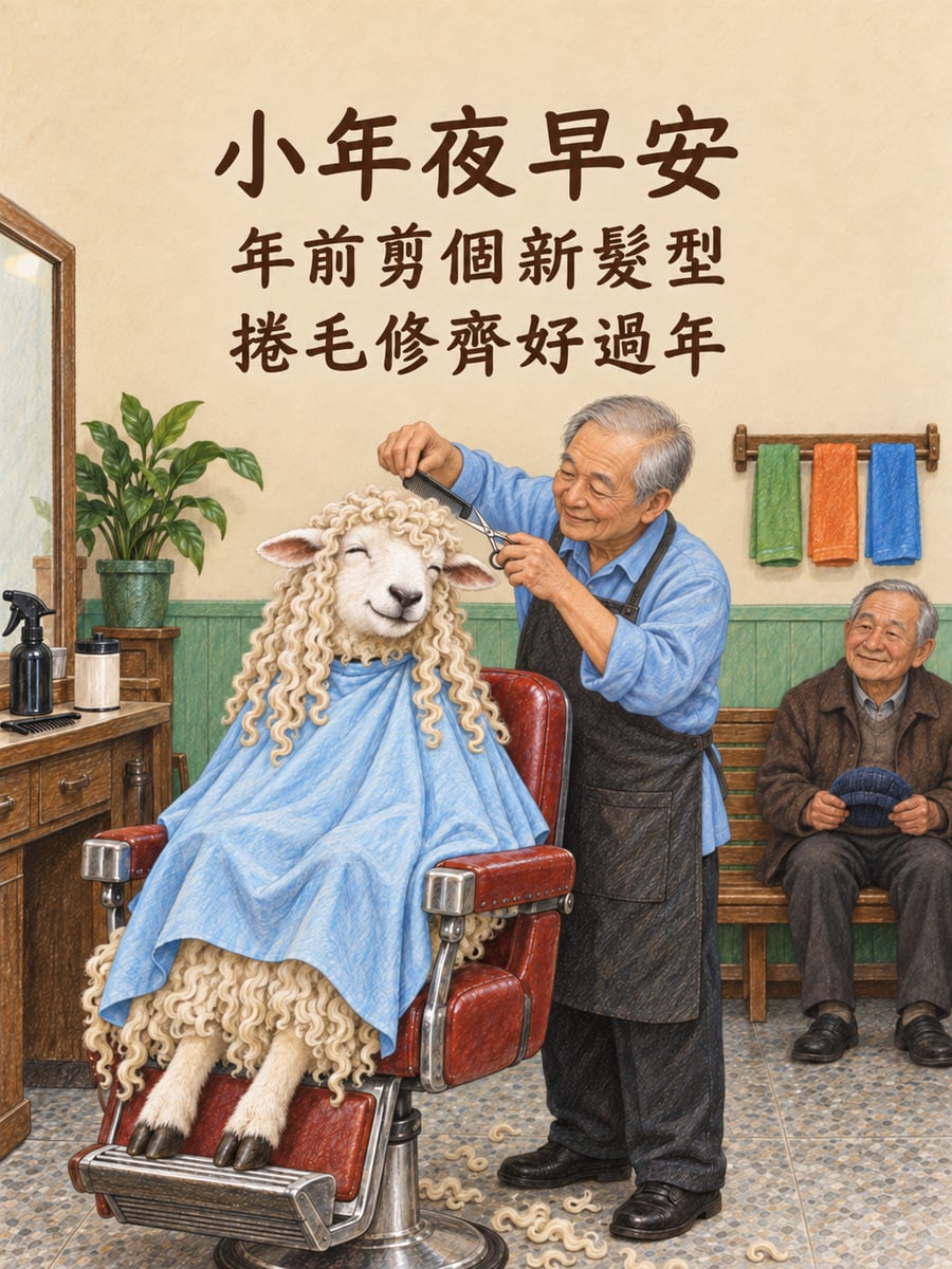 年前理髮的長毛綿羊。圖中文字：小年夜早安，年前剪個新髮型，捲毛修齊好過年