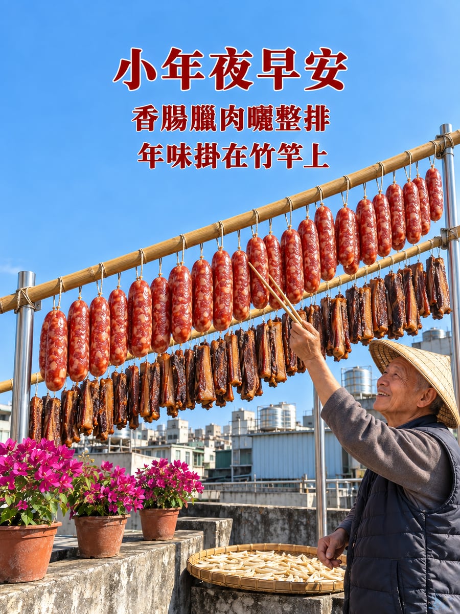 頂樓曬一整排香腸臘肉。圖中文字：小年夜早安，香腸臘肉曬整排，年味掛在竹竿上