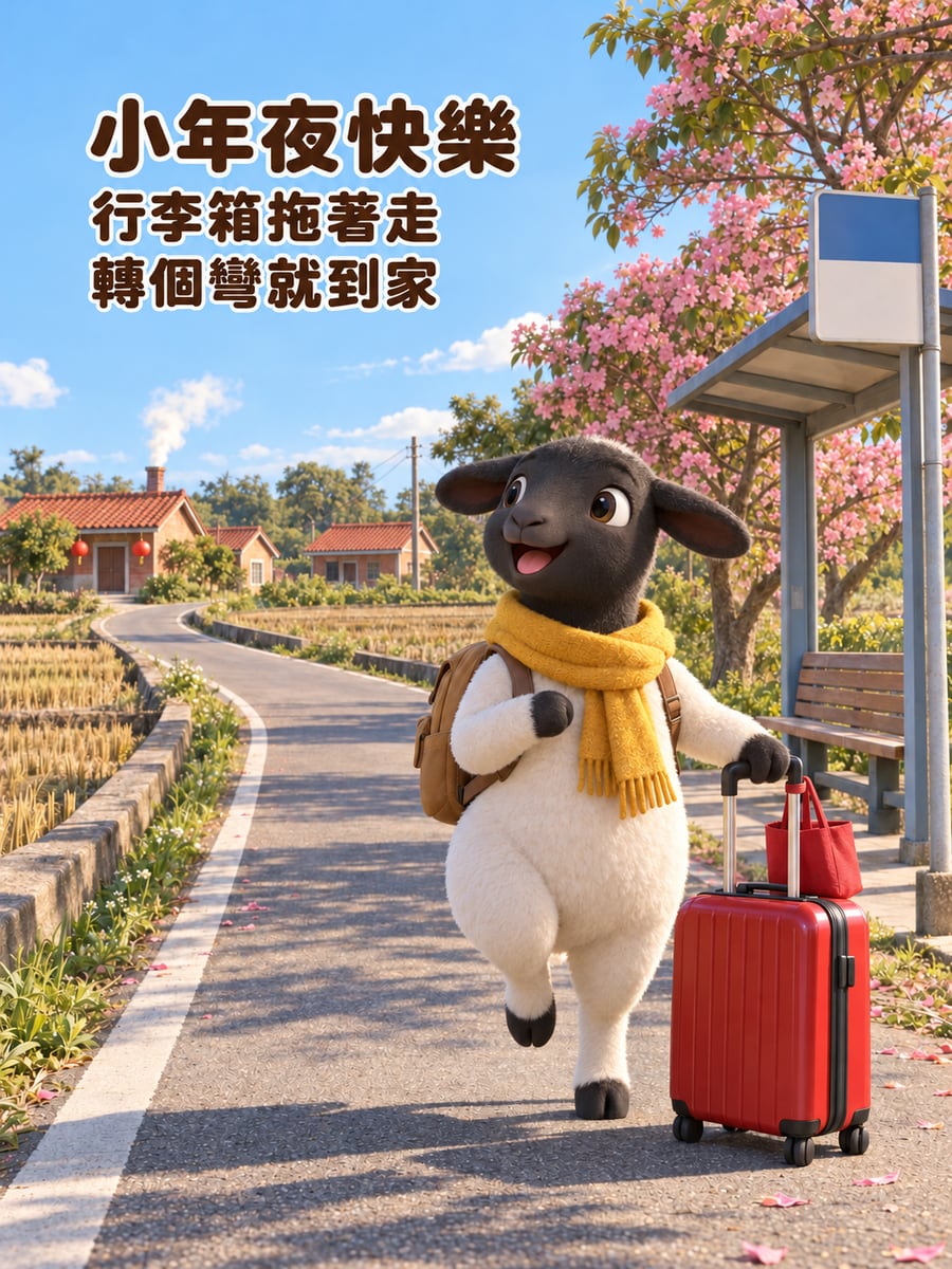 拖著行李箱回家的杜泊小羊。圖中文字：小年夜快樂，行李箱拖著走，轉個彎就到家