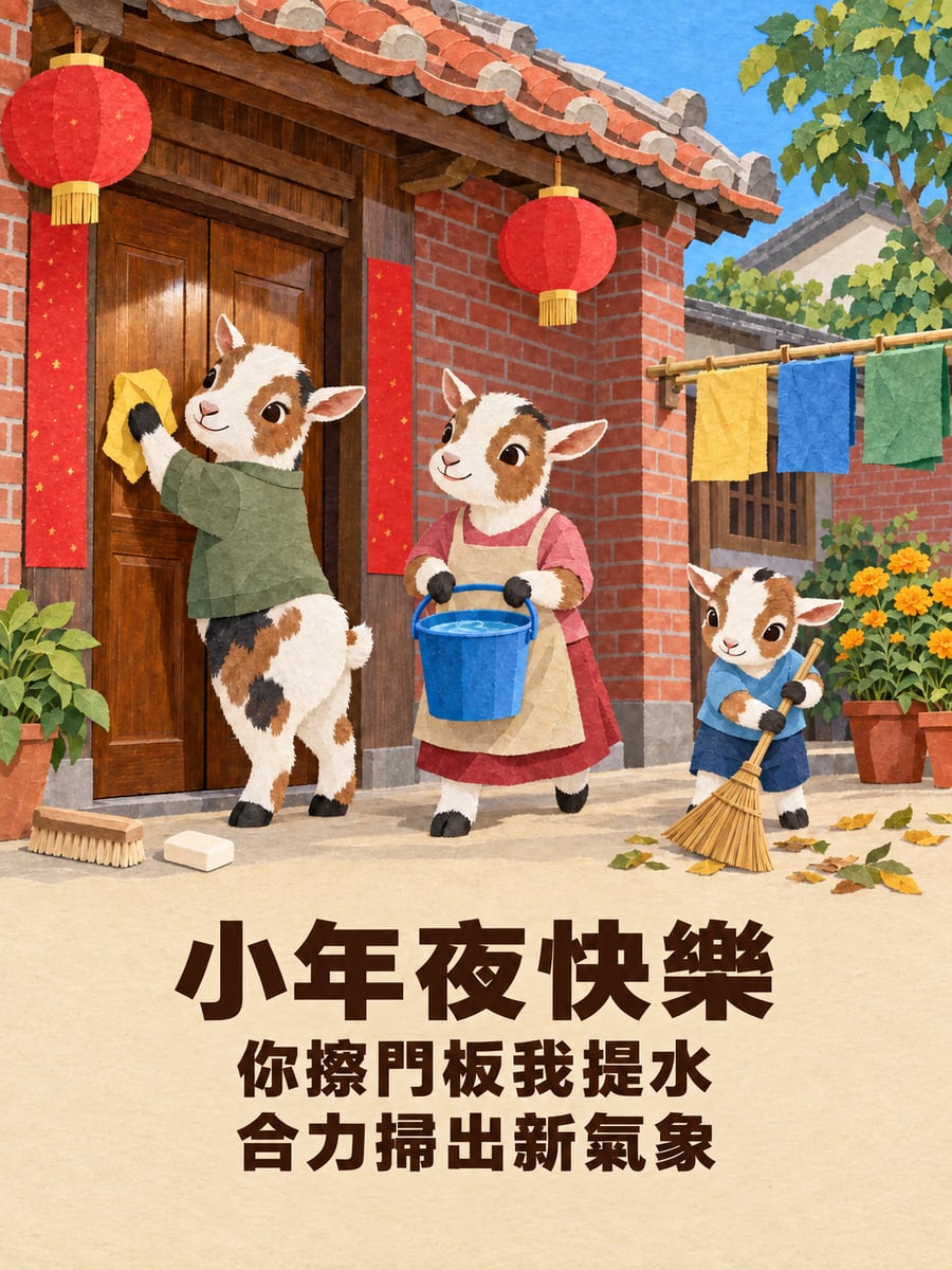 分工大掃除的矮山羊一家。圖中文字：小年夜快樂，你擦門板我提水，合力掃出新氣象