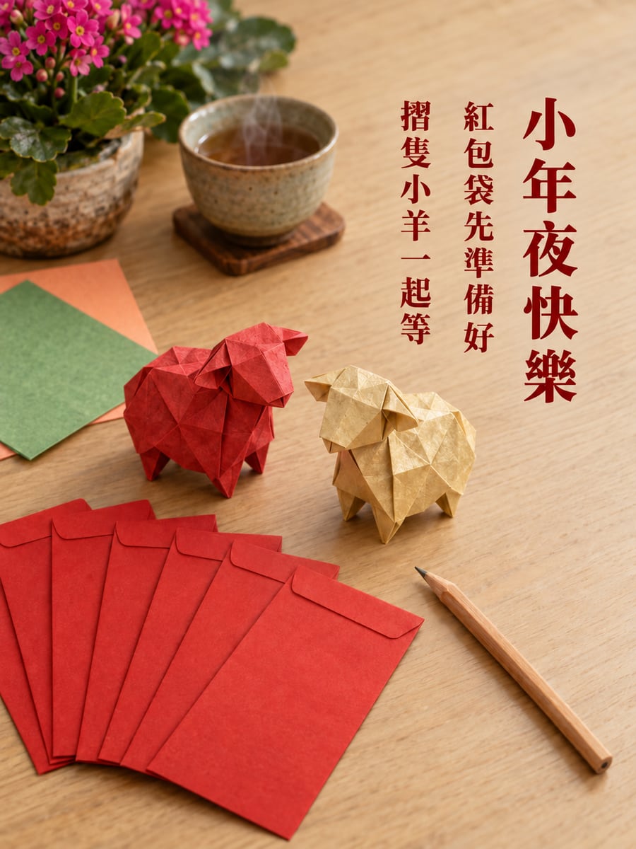 摺紙小羊和一疊紅包袋。圖中文字：小年夜快樂，紅包袋先準備好，摺隻小羊一起等