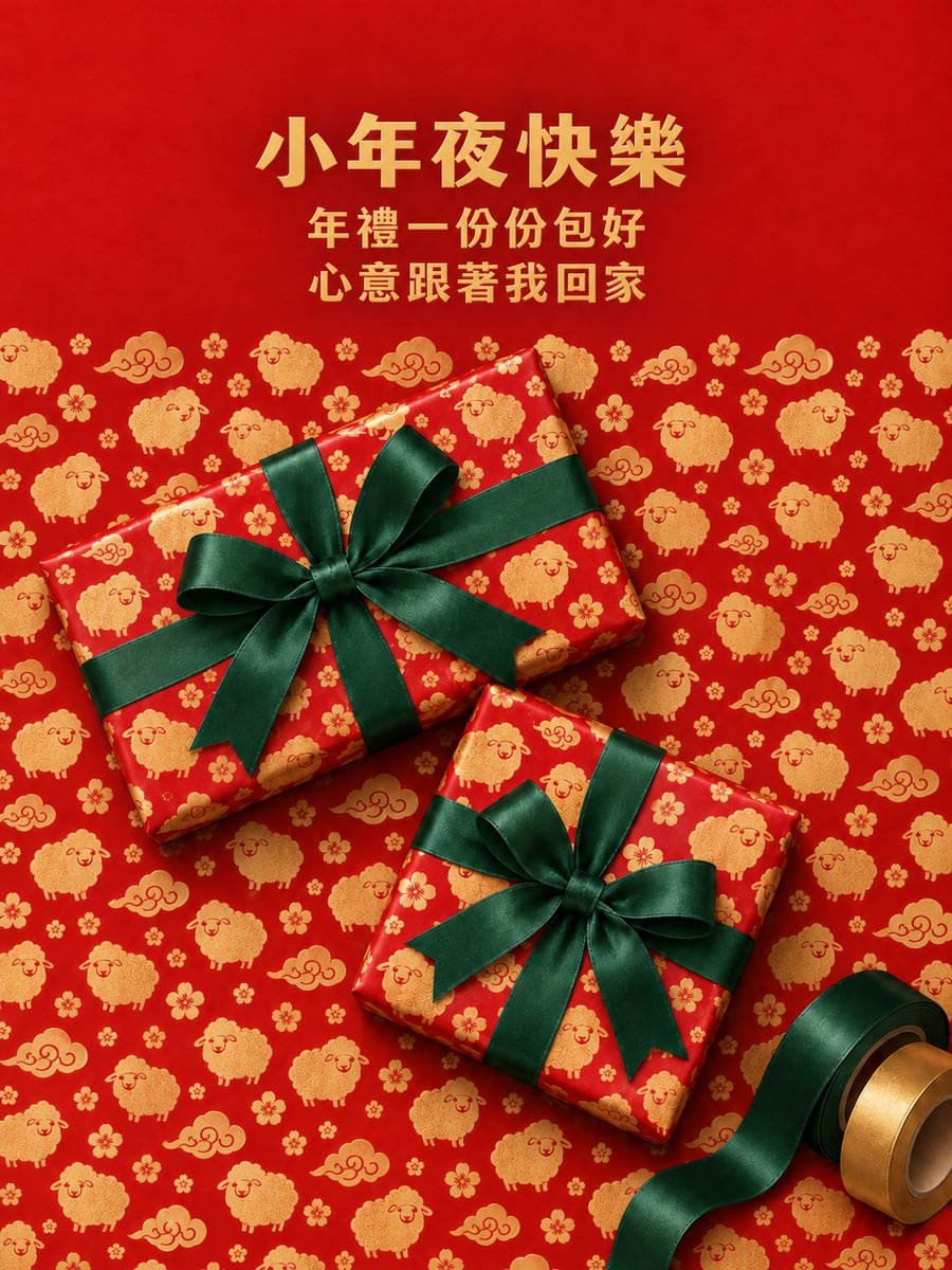 燙金小羊包裝紙包年禮。圖中文字：小年夜快樂，年禮一份份包好，心意跟著我回家