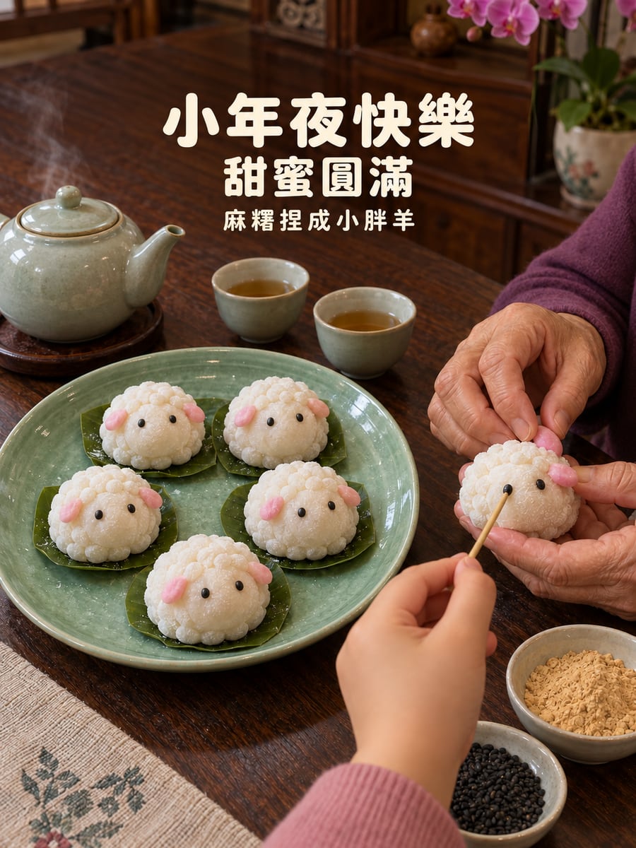 麻糬捏的小胖羊。圖中文字：小年夜快樂，甜蜜圓滿，麻糬捏成小胖羊